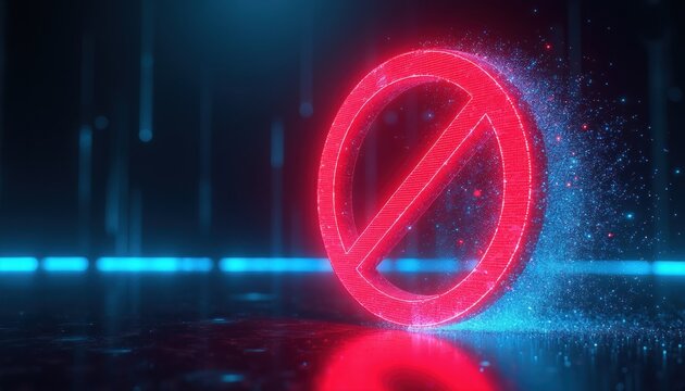 Futuristic neon prohibition sign glows red in dark cyber space. Digital particles fly around symbol. Abstract background with blue light lines. Forbidden concept illustration.