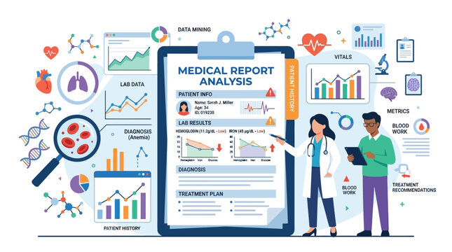 Medical professionals analyze report with graphs, charts, and icons around them