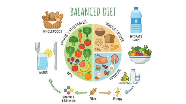 Deeply detailed solid color vector icon shows balanced diet concept with food