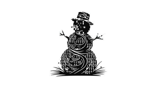 Snowman constructed from digital binary code represents modern winter technology themes.