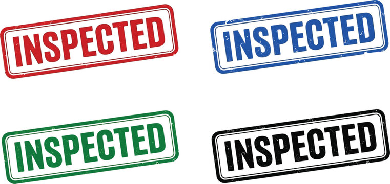 Inspected rubber stamp set, grunge quality control icons, colorful verification vectors