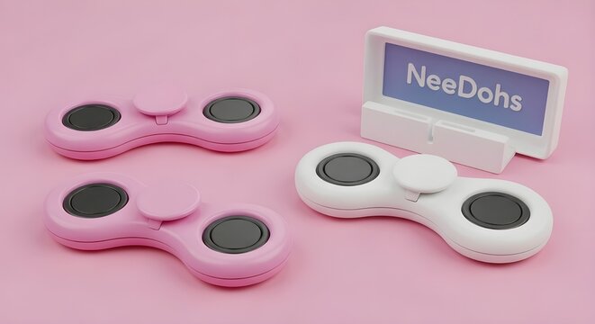 Pink and white fidget spinners on pastel background with packaging