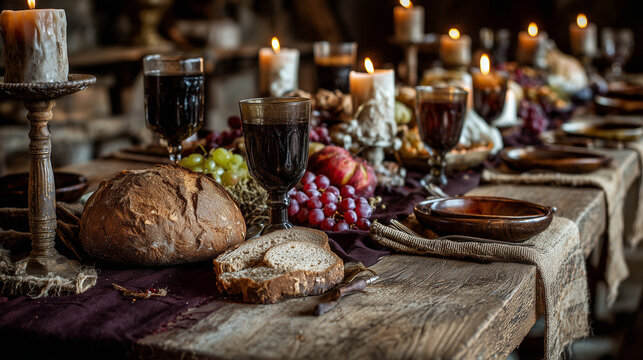 Festivalul Sighisoara Medievala medieval banquet with food wine and candles on a rustic wooden table indoors