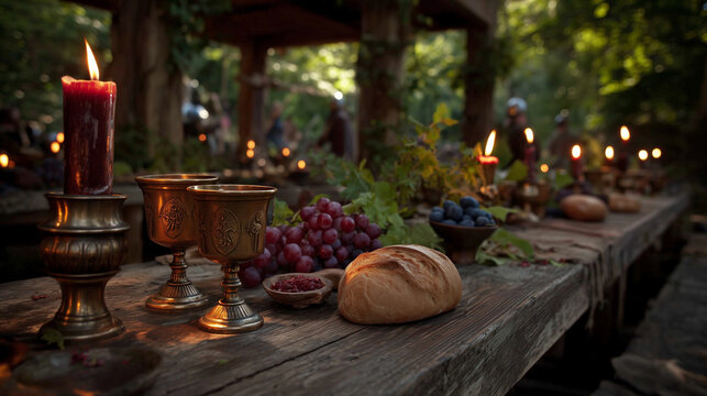 Festivalul Sighisoara Medievala medieval festival scene with a long wooden table set with bread, fruit, and candles in a lush green forest