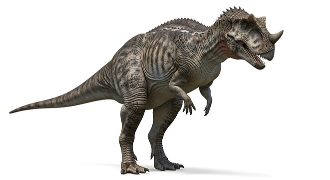 A detailed full-body rendering of a Ceratosaurus dinosaur with distinctive horns and rough skin texture, standing on a white background.