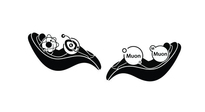 Muons orbit within a scientific diagram representing subatomic particle physics.
