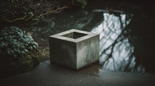 Minimal concrete frame placed at edge of natural pond creating a contemplative focal point