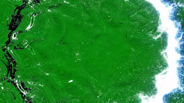 Dynamic energy shockwave expanding with bright blue lightning and white particles emanating outwards on a vibrant green background abstract digital glitch effect with subtle scanlines 4k ai video