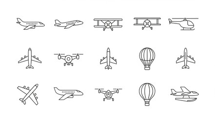 Collection of various aircraft icons in a simple line art style. © Joni