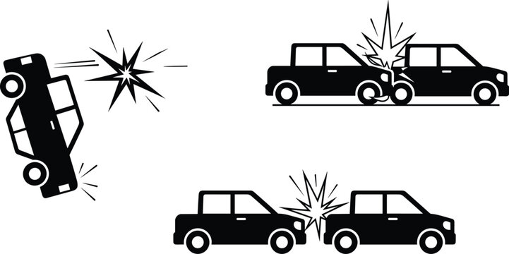 Car accident collision icons set with crash impact rollover and road traffic incident silhouette illustration