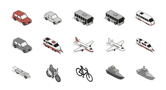 Collection of isometric transportation vehicles and modes of travel.
