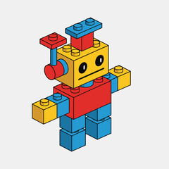 Naklejka premium Colorful Lego Robot Figure, Brick Toy Character, Red Blue Yellow Blocks, Playful Vector Illustration