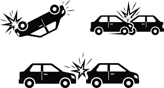 Car accident silhouettes set collision crash icons vehicle damage rollover impact scenes isolated on white background