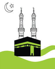 Obraz premium Green and black kaaba building illustration with minarets and crescent moon for islamic religious celebration and hajj concept.