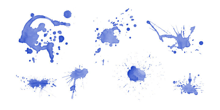 Artistic blue transparent ink splashes and watercolor paint splatters create a grunge liquid texture design element with colorful spray spots and vector ink blots on a decorative artistic frame