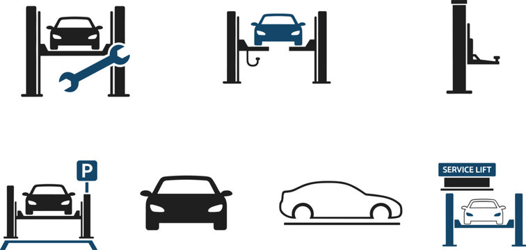 Car service lift icons set auto repair maintenance garage vehicle hoist symbols isolated on white background