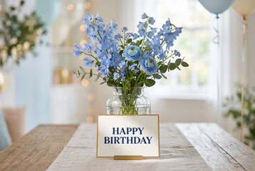 Fototapeta premium Happy birthday floral arrangement with card and blue flowers, elegant festive decoration for celebration event, beautiful floral design