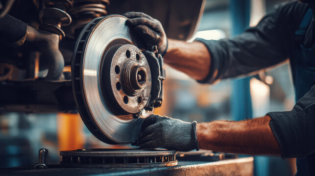 Mechanic replacing a cars brake rotor in an automotive repair shop setting