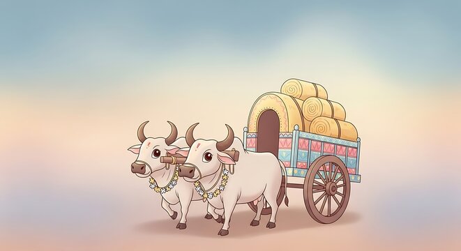 Two White Oxen Pulling a Cart Loaded with Bundled Hay