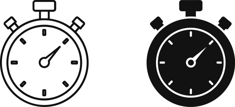 Minimalist stopwatch icons set, black and white timer vector symbols, chronometer outline and solid glyph for time management and sports tracking