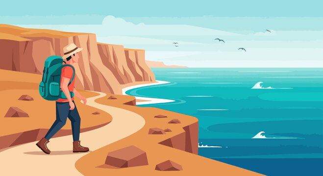 Hiker with backpack walks on scenic coastal path overlooking turquoise sea and cliffs