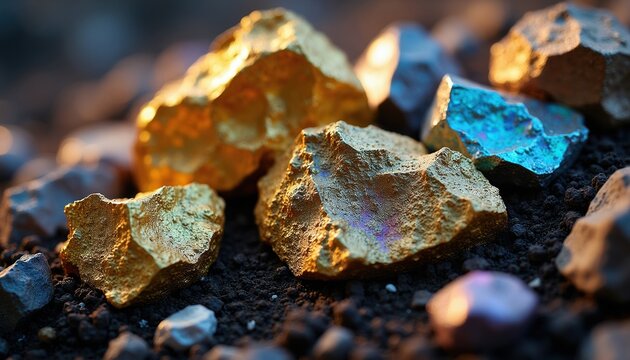 Raw gold nuggets, shiny blue mineral rocks rest on dark earth. These precious elements represent valuable earth resources, mining, wealth. They show rare earth minerals importance in tech, industry.