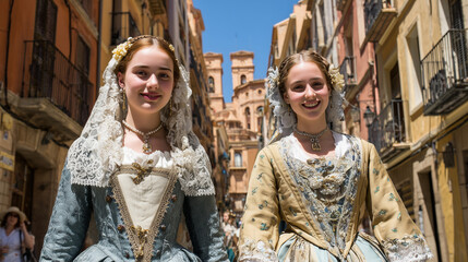 Fototapeta premium Fiestas de Santa Maria Magdalena celebrations in a narrow European street with two women in traditional clothing