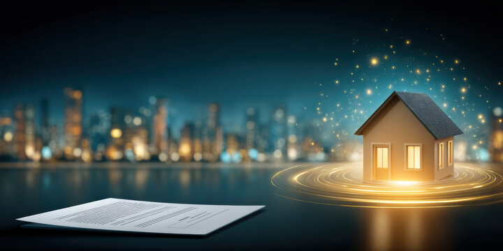 Digital data home model with glowing city background and contract document