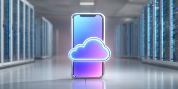 Digital data cloud smartphone in server room, glowing cloud icon on phone