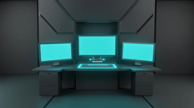 Futuristic command center with multiple glowing cyan monitors on a sleek dark desk in a modern dark room