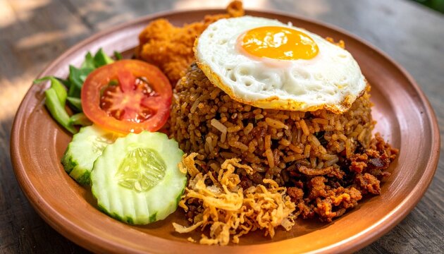 Close-up shot of Indonesian Nasi Goreng served on a ceramic plate, topped with a perfect sunny-side up egg with a runny yolk, side of crispy prawn crackers (krupuk), sliced cucumber, and tomatoes.