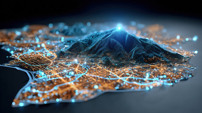 Digital data city map with glowing network and mountain