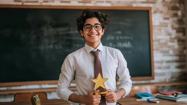 Happy indian student holding star trophy symbolizing achievement, success