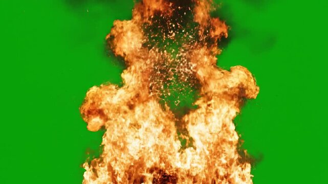 A video shows a large explosion of flames on fire with sparks flying everywhere in a green screen background.