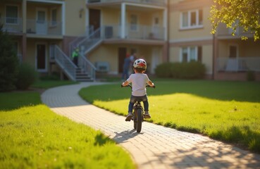 Fototapeta premium Young child wearing helmet rides bicycle on paved pathway in sunny grassy courtyard. Kid pedals near apartment building enjoying outdoor activity, learning to balance, exploring neighborhood in warm