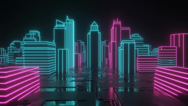 Neon city skyline abstract background glowing architecture futuristic urban landscape digital art video