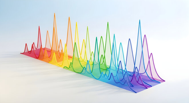 Abstract 3D rendering of a vibrant rainbow spectrum, featuring multiple peaks and undulating wave forms to visualize complex data and scientific frequency analysis