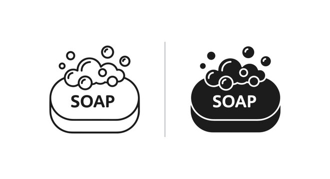 Minimalist soap bar icon set with foam bubbles, black and white hygiene vector symbols, bathroom cleaning product illustrations