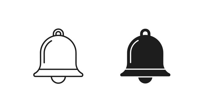 Minimalist bell icon set, black notification bell vector symbols, outline and solid alert signs for mobile app interface