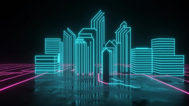 Neon city skyline abstract digital architecture glowing blue and pink lines on dark background video