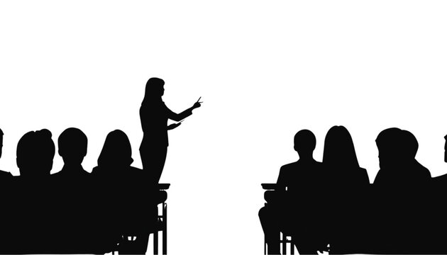 Speaker silhouette stands before an audience of seated attendees to illustrate a professional business presentation, educational lecture, corporate seminar, or public speaking event with clarity.