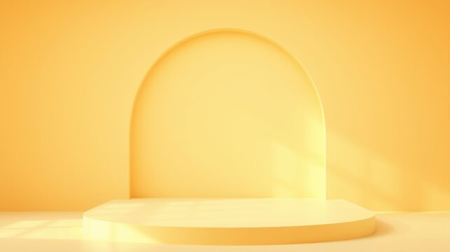 Minimalist stage design. Soft lighting creates warm ambiance. Circular platform, arched backdrop, perfect presentation space.