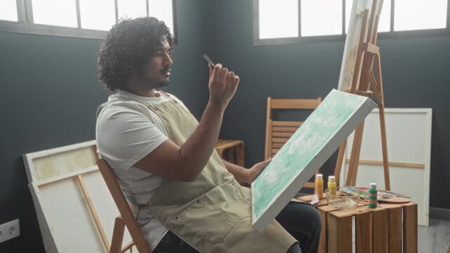 Man painter holds brush to canvas in studio, seated wearing apron by easel and paint bottles on crate, green textured canvas visible; quiet contemplation creativity.
