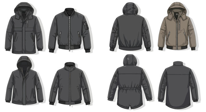 Variety of gray and beige winter jackets.
