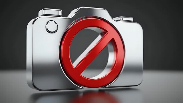 3D Rendered Camera Icon with Red Prohibition Sign.