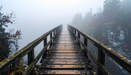 Fototapeta premium Wooden Bridge Disappearing into Foggy Forest Landscape.