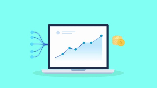 Animated business analytics dashboard on a laptop with a coin icon, representing revenue growth, earnings, financial performance, and data-driven business insights.