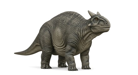Fototapeta premium A detailed, realistic rendering of a grey, horned dinosaur with textured skin, standing on a white background, showcasing its robust body and features.