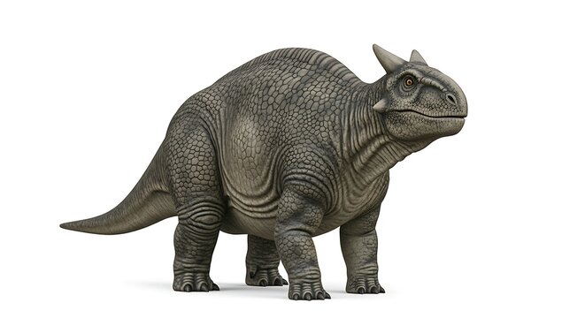 A detailed, realistic rendering of a grey, horned dinosaur with textured skin, standing on a white background, showcasing its robust body and features.
