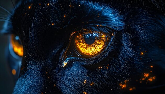 Close-up of a mystical black panthers glowing golden eye.